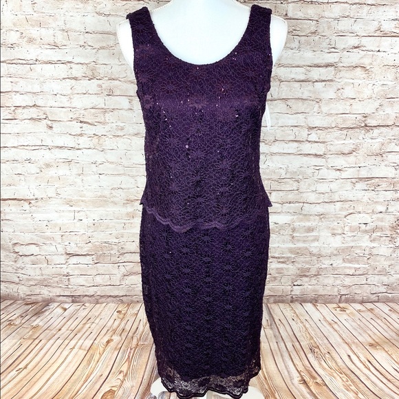 R & M Richards Dress 8 Sleeveless Lacy Sequin Tiered Lined Sheath Purple NWT - Picture 2 of 12